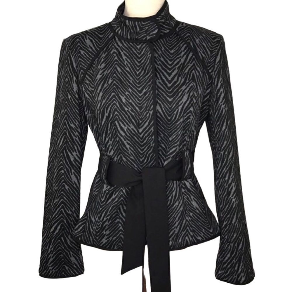 Sandro Sportswear Black Gray Animal Print Sash Waist Blazer Jacket